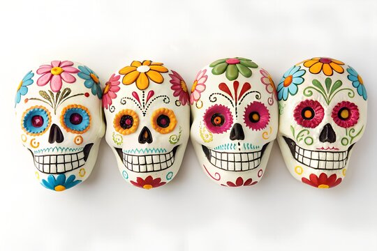 Four vibrant decorative skulls with colorful floral patterns are arranged neatly in a row on a clean white background. - Powered by Adobe