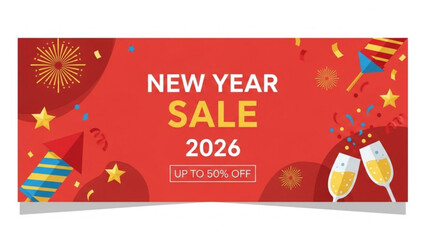 New year sale banner with champagne and fireworks celebration design for 2026 promotions and discounts