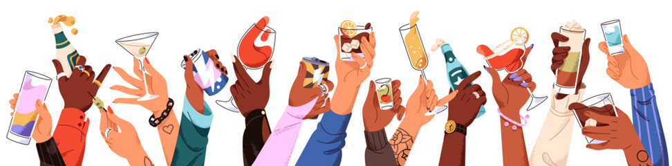 People celebrate holiday with alcohol cocktails. Hands holding different glasses of drinks and toast. Festive party with beer, wine and champagne. Flat isolated vector illustration on white background