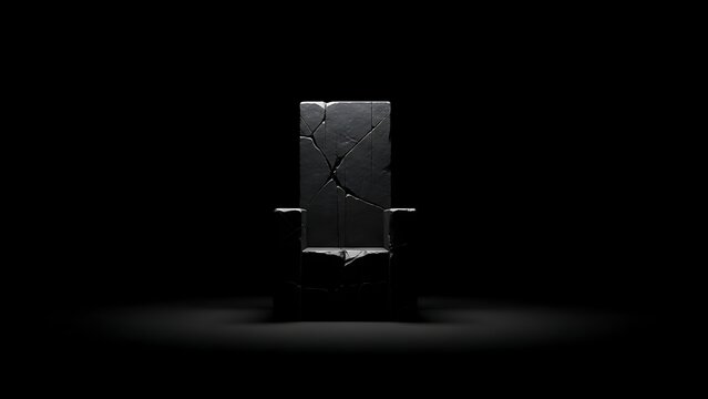 A dramatic illustration of an ancient cracked stone throne in a dark, mysterious space.