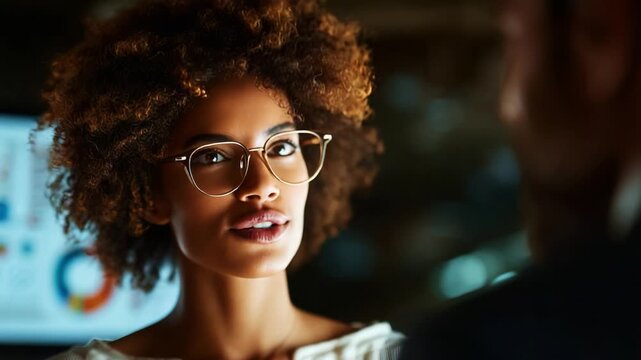 Captivating Interaction: Engaging Conversation Between a Woman with Beautiful Curly Hair and a Man, Highlighting Connection, Confidence, and Modern Professionalism in a Vibrant Atmosphere.