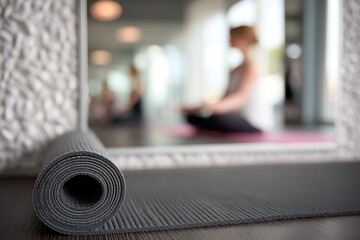 Yoga practice session in a studio with a rolled yoga mat and a person meditating in the background