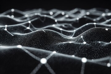 Digital landscape with connection lines and points on black background showing a network of data points and waveforms in a futuristic design