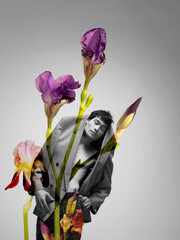 Surreal floral artwork with male figure merged with iris flowers. Concept of fashion editorial visuals, creative ads, gallery promotion, modern art publishing, and visual identity use.