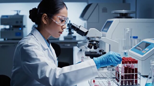 Asian female scientist analyzing blood sample in laboratory test tube with microscope representing medical research diagnostics precision and healthcare technology concept
