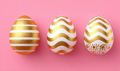 Obraz premium Three Easter Eggs With Gold And White Stripes On Pink Background For Holiday Decorations And Festive Celebrations Springtime Themes