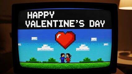 Retro tv screen showing pixelated happy valentines day with heart and couple