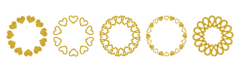 Golden Glitter Heart Circle Frame set. Valentine's Day decorative round borders isolated on transparent background