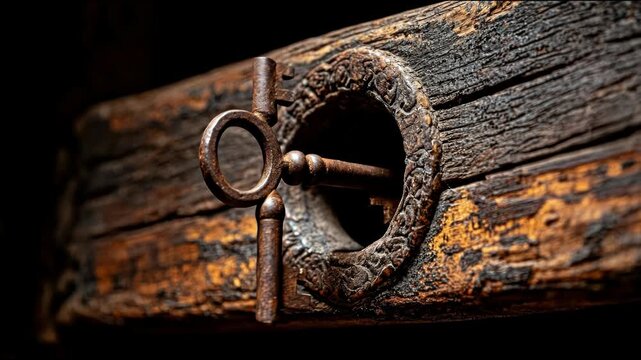 A weathered wooden structure holds an ornate, rusty key. The key's profile and keyhole are visible. The wood appears aged
