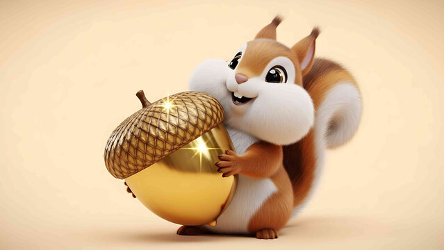 Cute cartoon squirrel happily holding giant golden acorn on light beige background