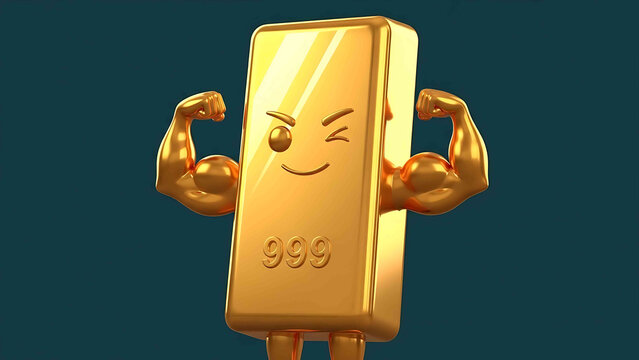 Strong gold bar character winking and flexing muscles on dark teal background