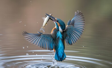 A vibrant common kingfisher mid flight with a freshly caught silver fish