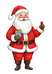 Jolly Santa Claus with fluffy white beard and red suit, holding a blue gift box and pine sprig, radiating joy against a transparent background with copy space, concept of Christmas holiday tradition