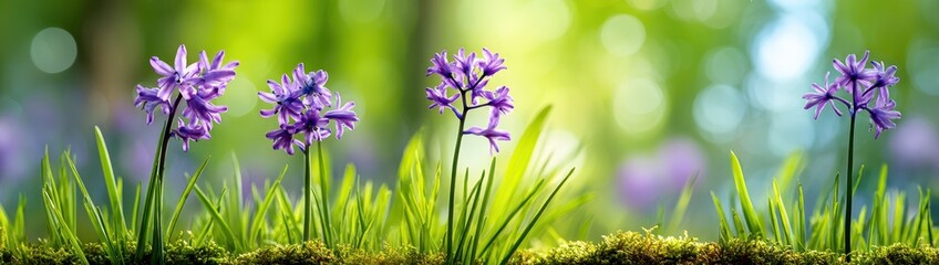 Hyacinth Flowers In Springtime Meadow With Green Grass And Bokeh Background Floral Spring Scenery For Seasonal Designs And Nature Projects