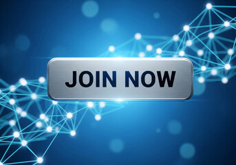 Silver Join Now Button with Glowing Blue Network Connections in Futuristic Neon Lighting for Digital Marketing