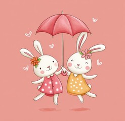 Cute Cartoon Rabbits Holding Umbrella On Pink Background Adorable Animals In Dresses With Flowers For Children's Illustration And Designs