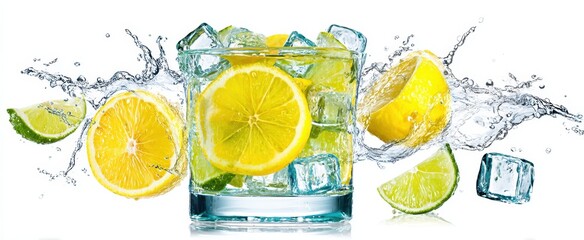 Lemon and Lime Slices in Glass with Ice Cubes and Water Splash on White Background Refreshing Summer Drink Concept Isolated Studio Shot