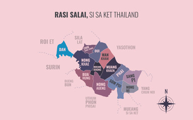 Fototapeta premium Map showing Rasi Salai District Si Sa Ket Thailand divided into sub districts with minimalist colorful patterns