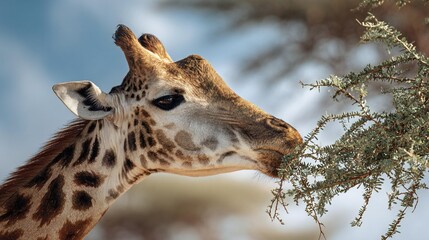 Obraz premium Majestic giraffe eating green leaves from tree in natural savanna wildlife habitat with clear blue sky background 