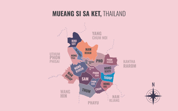 Map showing Mueang Si Sa Ket District Si Sa Ket Thailand divided into sub districts with minimalist colorful patterns