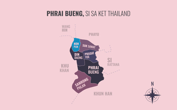 Map showing Phrai Bueng District Si Sa Ket Thailand divided into sub districts with minimalist colorful patterns