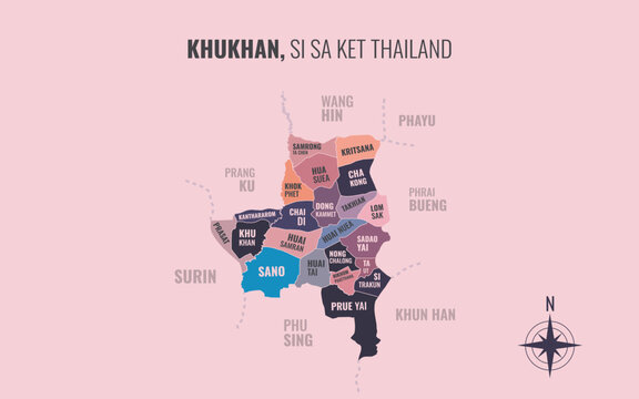 Map showing Khukhan District Si Sa Ket Thailand divided into sub districts with minimalist colorful patterns