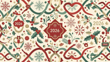 Vibrant christmas and new year 2026 seamless pattern with holly, snowflakes, and ribbons on cream background
