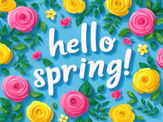 Hello Spring Floral Design With Pink And Yellow Roses On Blue Background For Seasonal Greetings And Celebrations