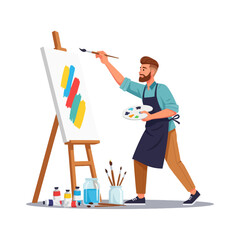 Fototapeta premium Creative male artist in apron painting colorful abstract artwork on easel with art supplies