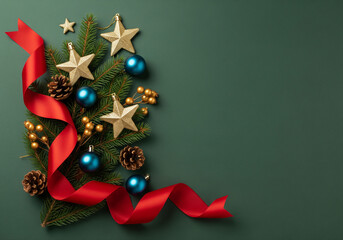 Christmas Tree Decoration with Red Ribbon and Golden Stars in Dark Green Background for Holiday Greeting
