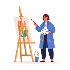 artistic woman painter in casual jacket and striped shirt creating colorful artwork on canvas