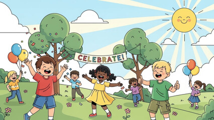 Group of happy children celebrating outdoors in a park with balloons and confetti on a sunny day