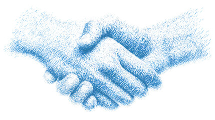 Blue sketch illustration of two hands firmly shaking in agreement, isolated on transparent background