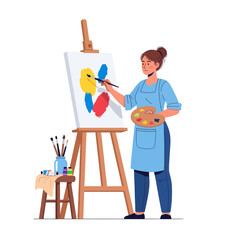 Fototapeta premium Young woman art enthusiast painting vibrant tropical bird on canvas with brushes and palette in a