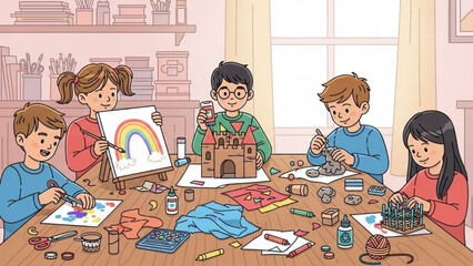 Children engaging in various art activities together around a table with craft supplies and artwork on display in a creative classroom