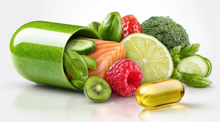 Green Capsule With Fresh Food Ingredients On White Background For Healthy Diet And Nutritional Supplements Concepts Isolated Studio Shot