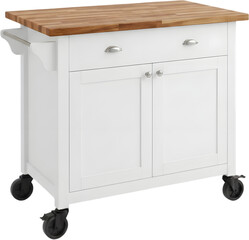 White kitchen island cart with wooden countertop and wheels isolated on white background suitable for home organization and culinary furniture catalogs.