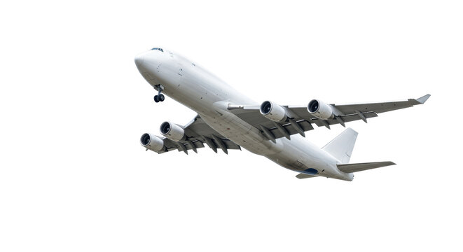A sleek white heavy-lift cargo jet airplane with metallic light blue accents, banking left mid-flight against a pristine bright white background with copy space, concept of global air logistics.