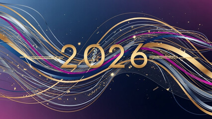 Golden 2026 new year celebration design with swirling lines and sparkles on dark blue purple background