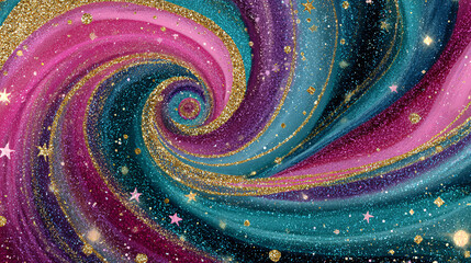 Abstract wavy background of multicolored lines in pastel shades and gold glitter, horizontal banner