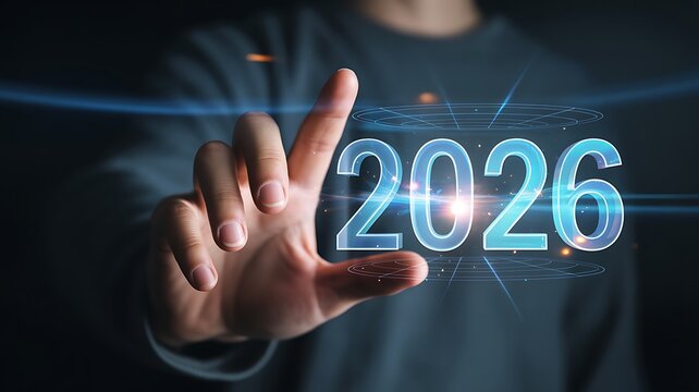 A person interacting with a futuristic glowing 2026 projection with their index finger - Powered by Adobe