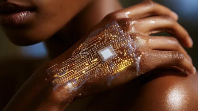 A captivating close-up of a hand adorned with a futuristic circuit design, showcasing intricate gold wiring patterns and a microchip, blending technology seamlessly with human skin.