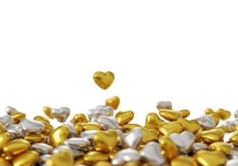 Vibrant gold and silver heart shapes, varying sizes and transparencies, ascending from dense cluster into transparent copy space, soft bokeh, concept of love and celebration