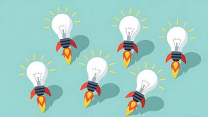 multiple light bulb rockets flying upward on turquoise background representing group innovation business startup launch collective creativity success and team brainstorming ideas