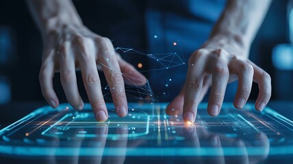 A person interacts with a futuristic holographic interface using their fingers on a glowing touchscreen