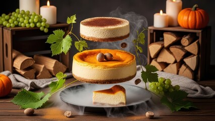 Floating pumpkin and classic cheesecakes with a slice on a plate, surrounded by smoke, grapes, candles, and stacked firewood for a dramatic autumn display