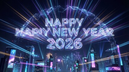 Happy New Year 2026 celebration in futuristic cityscape with fireworks