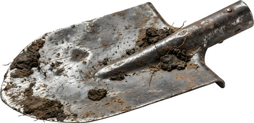 Old rusty metal shovel head covered in dirt isolated on white background suitable for gardening farming and construction digging tool concept presentations.