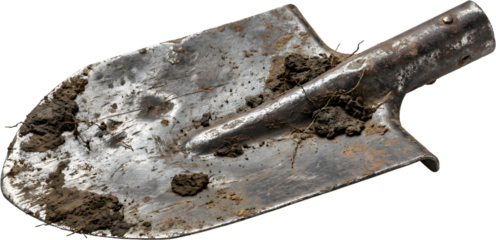 Old rusty metal shovel head covered in dirt isolated on white background suitable for gardening farming and construction digging tool concept presentations.
