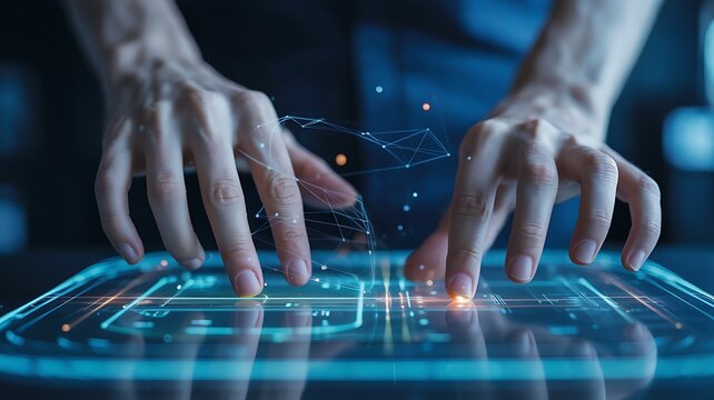 A person interacts with a futuristic holographic interface using their fingers on a glowing touchscreen - Powered by Adobe